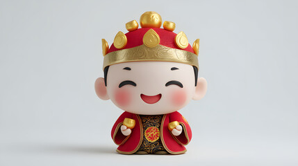 A delightful cute Chinese boy character, embodying prosperity and happiness in his traditional red and gold attire, symbolizes celebration and good fortune.