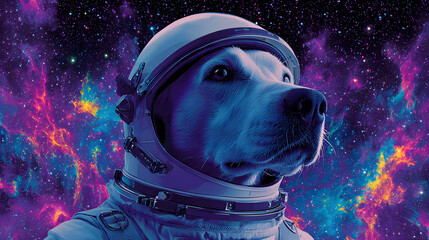 This majestic dog, an animal astronaut, embarks on a brave space exploration. Protected by his helmet and suit, he gazes at a vibrant cosmic nebula, a colorful galaxy within the vast cosmos.