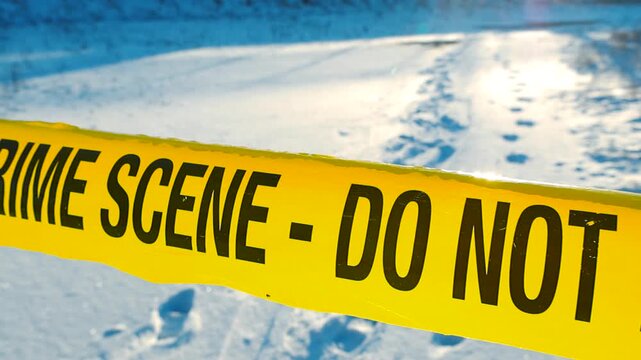 Close glide in front of a yellow colored forensic investigation crime scene police tape ribbon in front of winter snow covered area with footprints or boot prints, sunshine backlighting the ribbon.