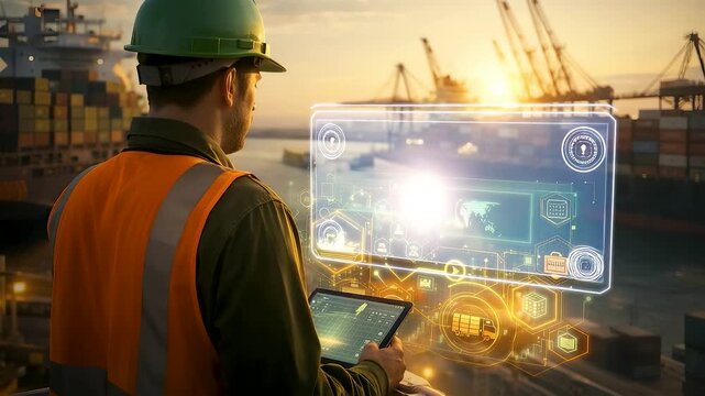 Industrial port engineer using digital control interface at cargo terminal overseeing logistics operations, equipment status and operational efficiency