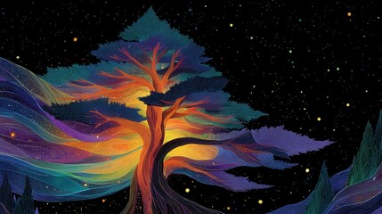 Vibrant stylized tree against starry night sky