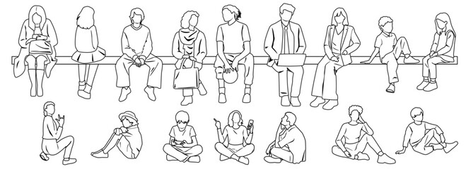 Men, women and teenagers sitting on a bench, vector silhouettes, hand draw, linear sketch, group of business people, black color on white background