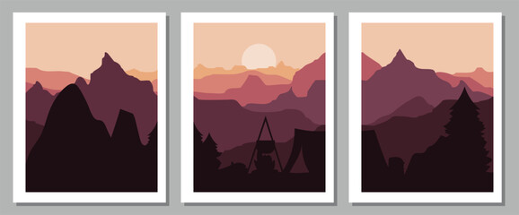 Vibrant mountain landscapes with silhouettes at sunset