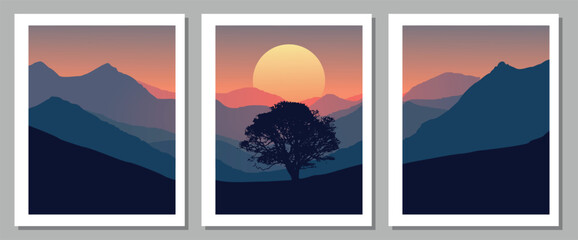 Serene mountain landscapes with sunset and tree silhouette