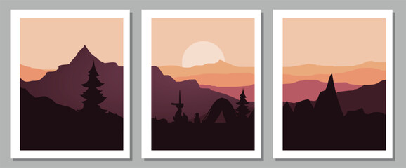 Serene mountain landscapes with silhouetted temples at sunset