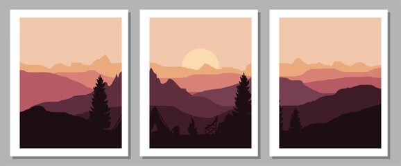 Serene mountain landscape at sunset with silhouetted trees and hills