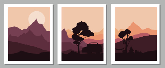 Minimalist mountain landscape illustrations with silhouettes and sunset