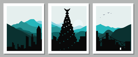 Modern city skylines with mountain backdrops and decorative Christmas tree