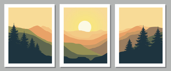 Vibrant mountain landscape at sunset with trees and hills