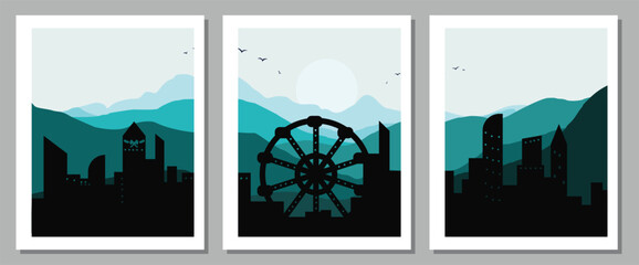 Vibrant city skylines with mountain views and ferris wheel