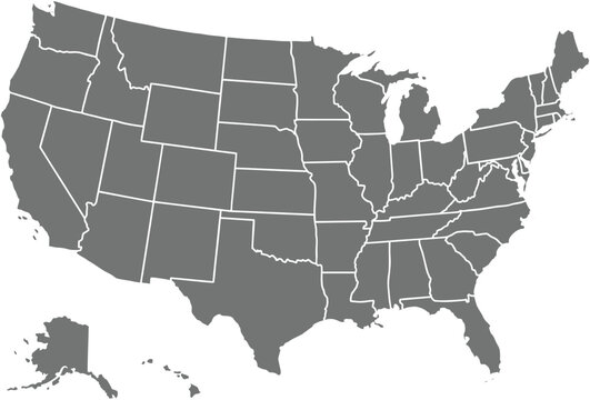 United States map illustration showing regional state divisions in a grey minimalist style isolated on a white background for projects.