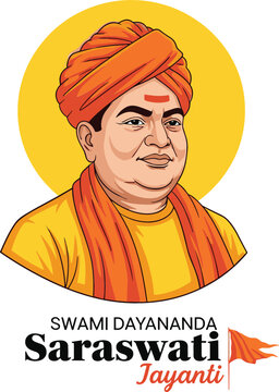 Swami Dayananda Saraswati Jayanti vector portrait illustration with traditional orange turban scarf yellow sun background and commemorative typography.