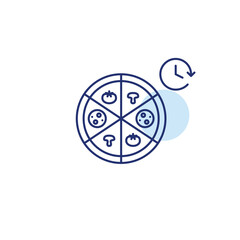 Pizza with tomatoes, mushrooms, tomatoes and clock. Food scheduled delivery and meal pick-up on time. Takeaway Asian cuisine. Pixel perfect, editable stroke vector icon