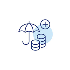 Coins stack under umbrella and plus. Insurance save, finance protect, money cover. Pixel perfect, editable stroke vector icon