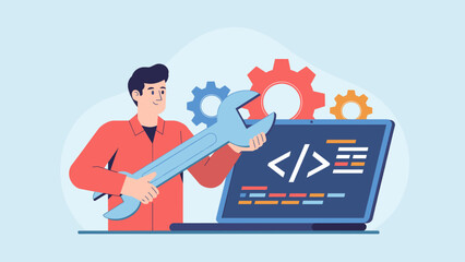 developer repairing code on a laptop with a wrench vector illustration