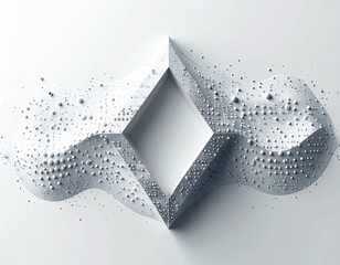 Abstract 3D render with a central geometric diamond form surrounded by dynamic, particle-laden waves, creating a sophisticated and modern conceptual design in monochrome