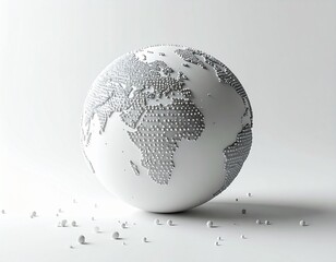 Abstract white globe sculpture composed of tiny spherical elements, representing global unity, digital networks, and collective human impact on a minimalist background
