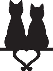 Two cats with heart shaped tails romantic valentine love silhouette illustration