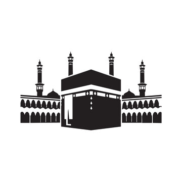 Black silhouette of the Kaaba and surrounding buildings with minarets mecca islam