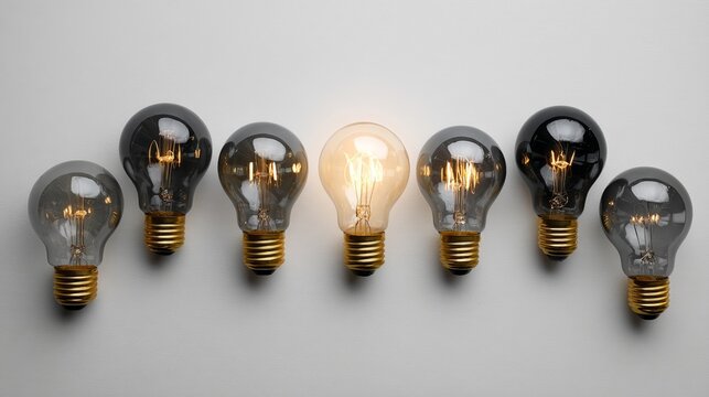 Overhead flat lay of seven filament light bulbs arranged symmetrically on a white surface with one illuminated, creating a warm glow and contrast among transparent, smoky, and black glass finishes, e