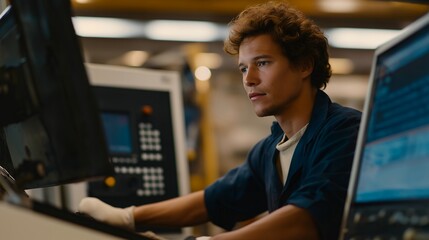 A factory technician monitoring a CNC milling machine via a digital control panel, real-time metrics displaying speed, tolerance, and tool wear for quality assurance. cinematic color correction,
