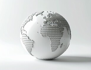 Sleek monochromatic 3D render of the Earth, featuring a tactile dotted surface outlining continents, representing global unity and technological advancement