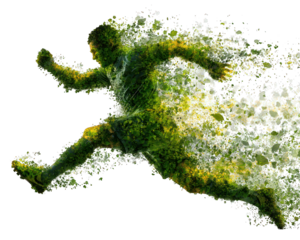 Football player silhouette formed entirely from floating particles