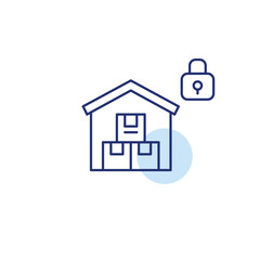 Warehouse with boxes and lock. Secure shipment and delivery, safe e-commerce. Pixel perfect, editable stroke vector icon