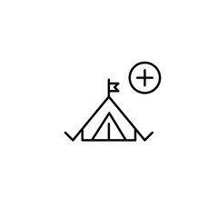 Camping tent and plus symbol. Outdoor trip preparation, new places added. Pixel perfect, editable stroke vector icon