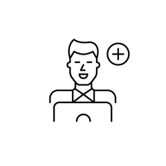 Man working at laptop. New task, job update or account access. Hiring remote workers. Pixel perfect, editable stroke vector icon