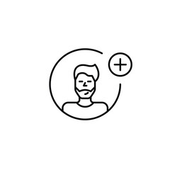 Bearded man user avatar and plus. Profile add, account update. New identity create, user setup, digital presence. Pixel perfect, editable stroke vector icon