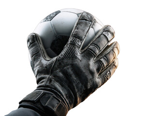 Close-up of football goalkeeper gloves gripping the ball