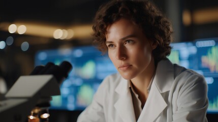 A researcher analyzing gut microbiome samples under a high-powered microscope, glowing data charts floating beside them — cutting-edge digestive science and personalized nutrition. cinematic color