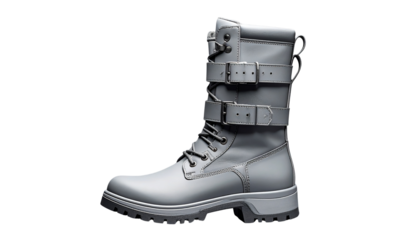tall gray waterproof boot with adjustable straps buckles isolated on solid background in Png