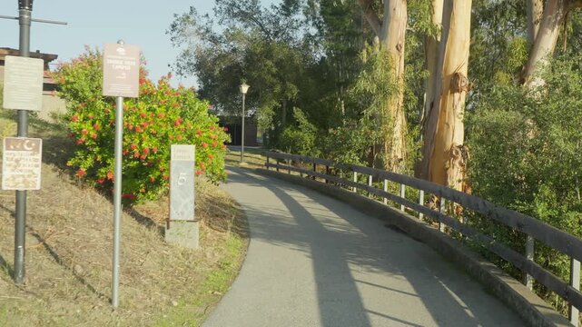 A steady walking perspective explores one of the entrances to Foothill College in Los Altos Hills, California.