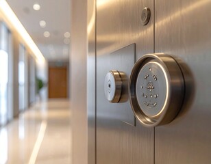Modern metallic safe door with circular dial and keypad, security vault interior