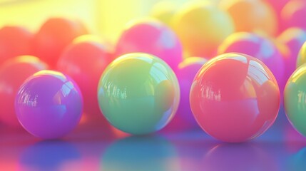 Vibrant color hues of polished spheres multicolored orbs and balls in neat linear alignment captivating geometric row formation dynamic visual series display.