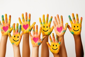 Colorful painted children's hands with smiley faces and hearts raised against white background, symbolizing happiness, unity, and creativity concept. Ai generative