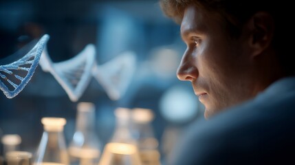 A medical researcher silhouette double-exposed with DNA strands and laboratory glassware, illustrating biotechnology, genetic medicine, and scientific discovery. cinematic color correction, natural