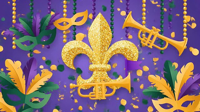 Mardi Gras animation with cute symbolic elements in flat vector style on gentle motion background