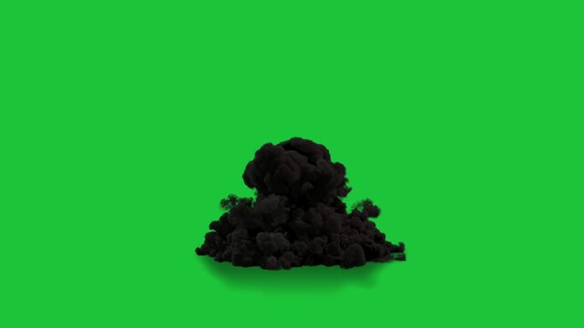 Rising black smoke explosion animation on green screen background, dense dark cloud forming dramatic cinematic effect