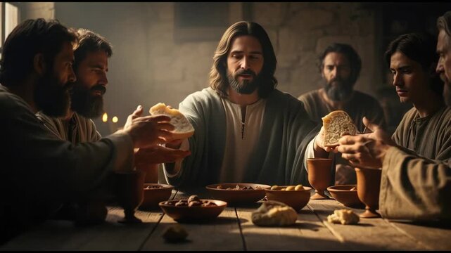 Jesus Christ breaks bread with apostles at last supper, sharing a meal and fellowship with his disciples.