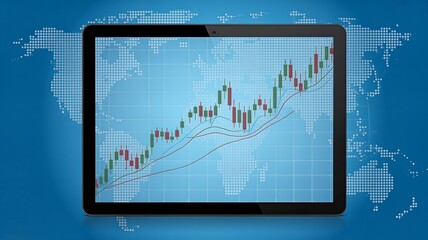 Financial analysis on a tablet with stock market graph and global map