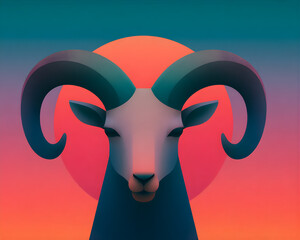 Vibrant Stylized Illustration of a Ram with Sunset Background