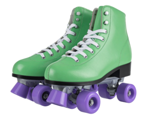 Retro Green Roller Skate Front Angle, Purple Wheels, Isolated PNG