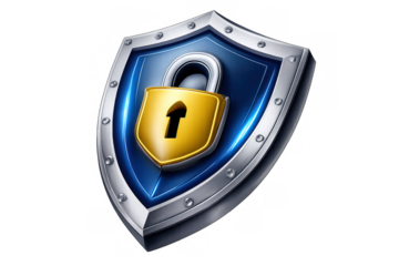 Shield with golden padlock representing digital security, data protection, and cyber privacy with transparent background