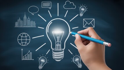 Hand drawing a glowing light bulb with business and idea icons on a dark chalkboard background.