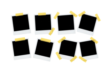 Eight blank instant photo frames with yellow adhesive tape isolated on transparent background