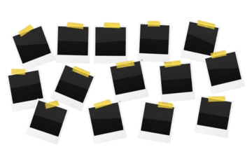 Scattered collage of blank instant photo frames with yellow tape isolated on transparent background