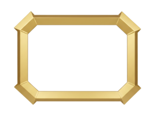 Rectangular gold frame with geometric faceted corners features sharp angular edges and smooth metallic surface for modern luxury style. Isolated on transparent background, png.